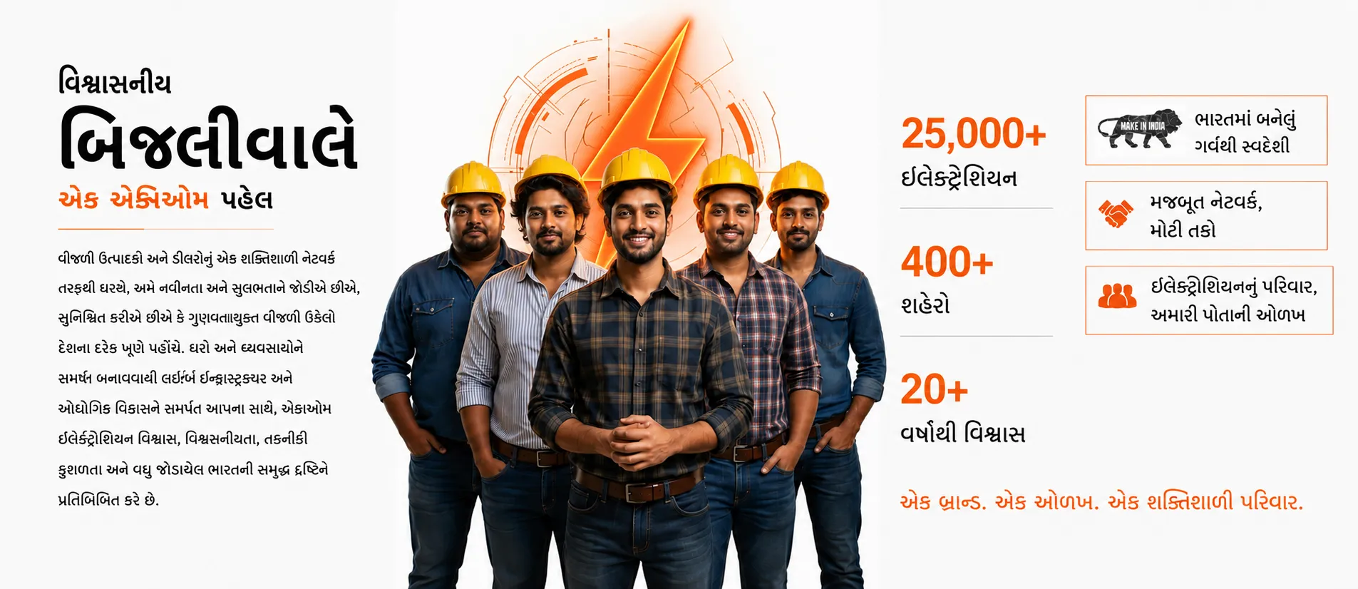 બિજલીવાળે — એક એક્સિઓમ પહેલ. 25,000+ ઇલેક્ટ્રિશિયન, 400+ શહેરો, 20+ વર્ષનો વિશ્વાસ.