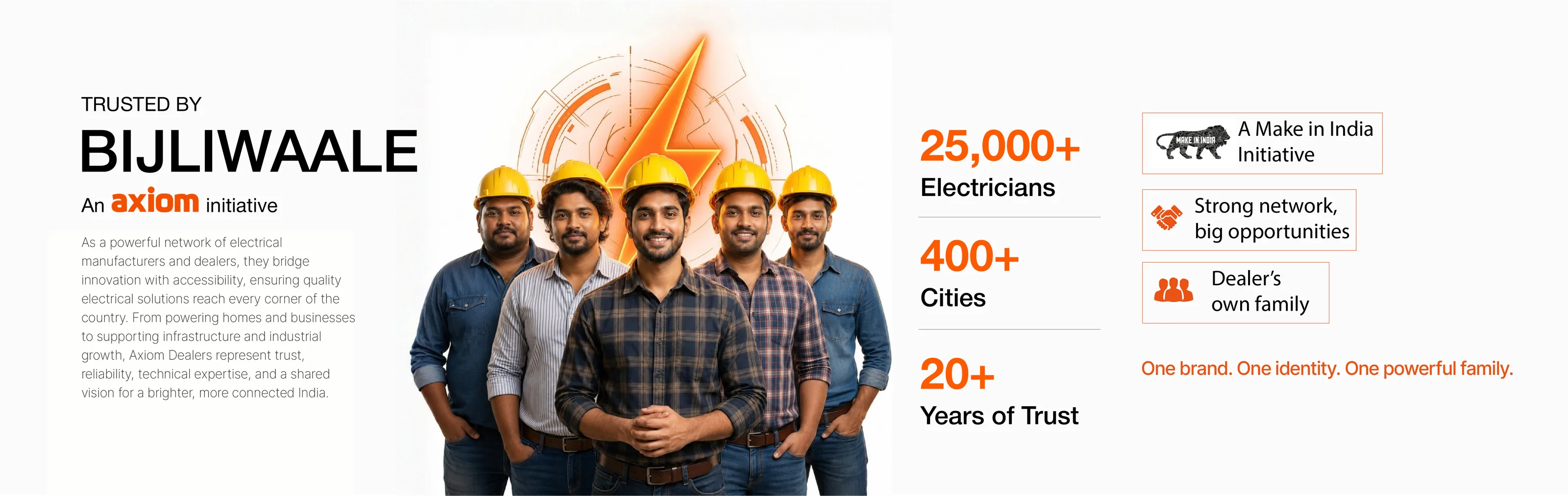 Trusted by Bijliwaale — an Axiom initiative. 25,000+ electricians, 400+ cities, 20+ years of trust. A Make-in-India initiative; strong network, big opportunities; dealer's own family.